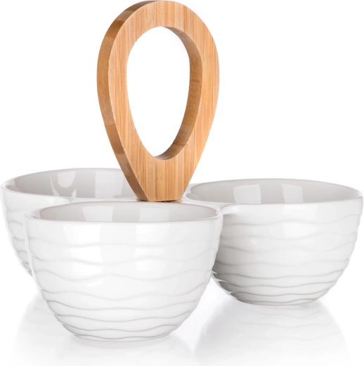 Set de service avec trois bols en porcelaine et poignée en bambou BRILLANTE