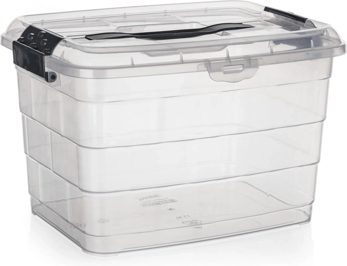 Boîte de rangement avec couvercle et poignée 14 l VILARD – transparente avec clips fumés