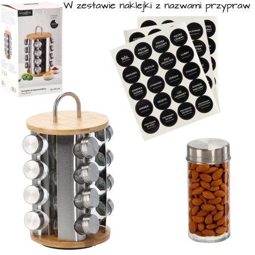 Support à épices rond rotatif avec poignée, 16 pots en verre, bambou‑argent, 18 × 33 cm