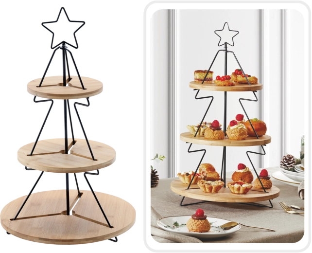 Plat à étages bambou‑métal à trois niveaux en forme de sapin de Noël 28 × 45 cm