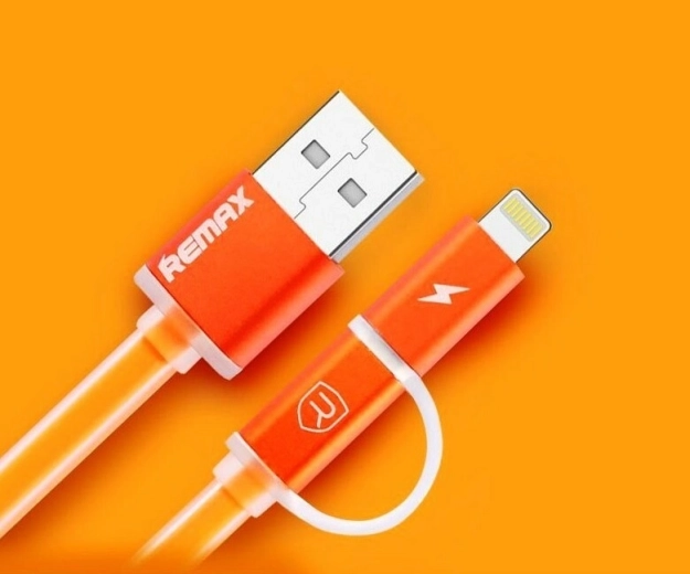 Remax Aurora câble 2‑en‑1 de charge et de données USB–Lightning/micro‑USB, orange