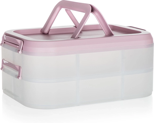 Boîte de transport (party box) en plastique à deux niveaux avec poignées 40 × 28 × 17,8 cm, transparent/rose