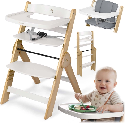 Nukido Timo chaise haute en bois pliable avec plateau amovible