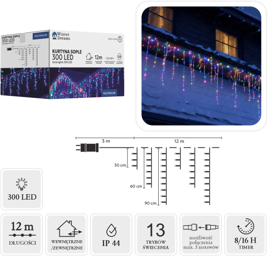 Rideau lumineux LED stalactites 300 diodes multicolore 12 m