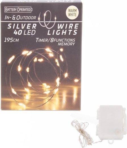 Guirlande lumineuse LED sur fil fin 40 LED blanc chaud avec minuterie, pour usage intérieur et extérieur