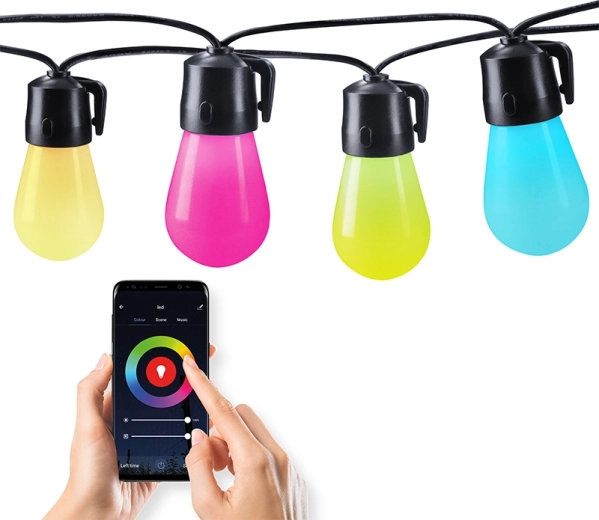 Guirlande lumineuse LED intelligente d'extérieur Solight RGB, 15 ampoules, Bluetooth, 20 m