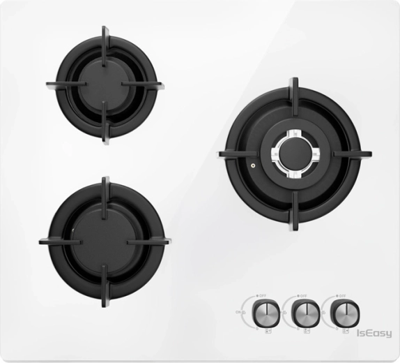 Table de cuisson à gaz ISEASY avec panneau en verre, 3 brûleurs, blanc