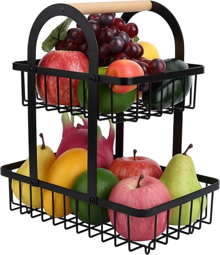 Panier à fruits en métal à deux niveaux avec poignée en bois - 1 pièce