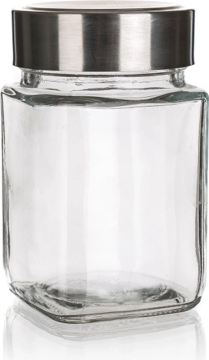 Boîte AKCENT carrée 0,3 l avec corps en verre et couvercle en inox
