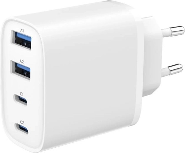 Chargeur universel GaN Gembird 40 W avec LCD, 3× USB-C + 1× USB-A, blanc