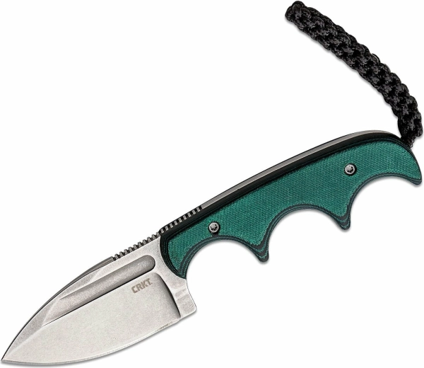CRKT Minimalist Spear Point – couteau de cou, stonewash, Micarta vert‑noir, 5,5 cm
