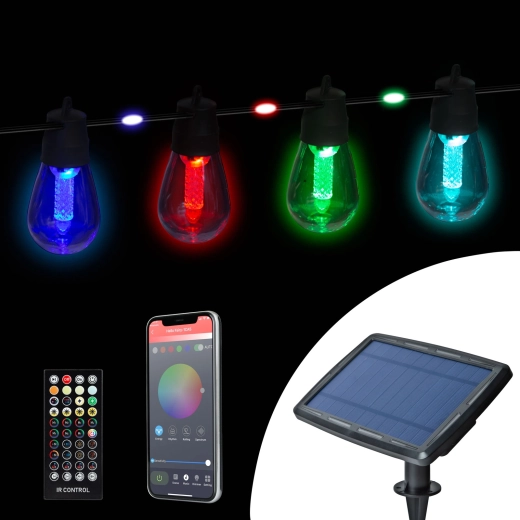 Guirlande lumineuse solaire intelligente avec LED RGB multicolores, 14,5 m, Bluetooth