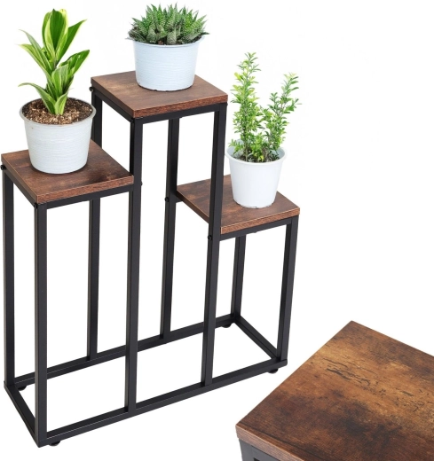 Support à fleurs en métal à trois niveaux, décor chêne antique - 1 pièce