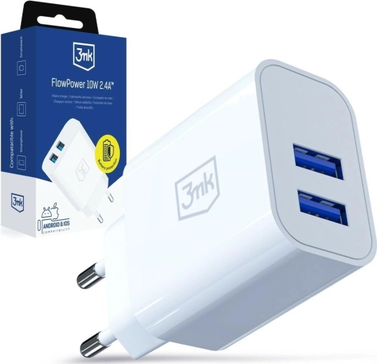 Chargeur secteur 3MK FlowPower 10 W, 2× USB-A, 2,4 A, blanc