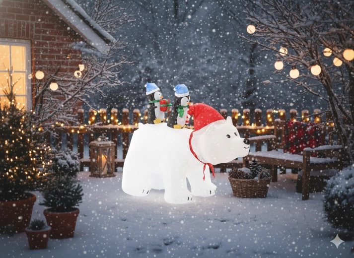 Décoration de Noël gonflable ours polaire avec pingouins LED 200 cm