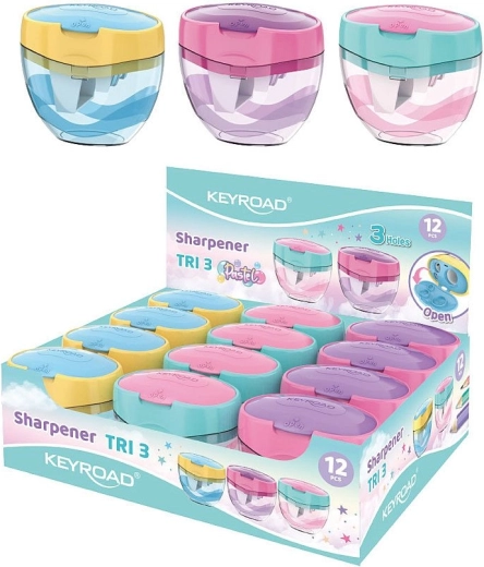 Taille-crayon Keyroad Tri Plus pastel, à trois orifices avec réservoir grande capacité