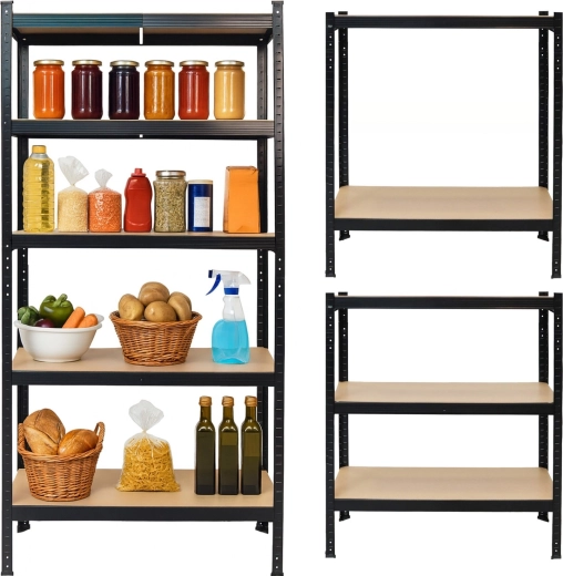 Étagère de rangement en métal 2-en-1 noire, 5 tablettes MDF 180 × 90 × 40 cm