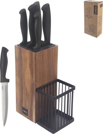 Bloc à couteaux en bois d’acacia et métal avec set de couteaux de cuisine