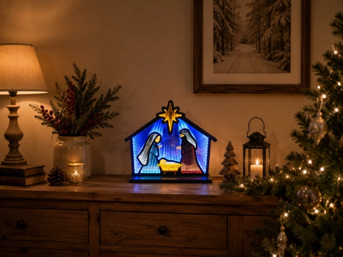 Décoration de Noël 3D Crèche avec effet miroir infinity LED 33,5 × 8 × 28,7 cm