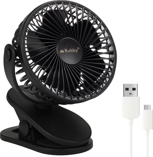 Ventilateur de table sans fil Ruhhy avec clip, noir, USB‑C 1200 mAh