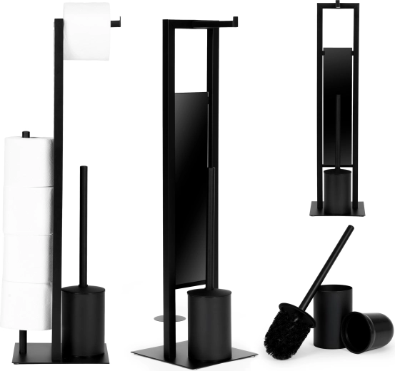 ModernHome porte-papier toilette sur pied avec support pour rouleaux de rechange et brosse WC, noir