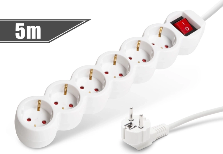 Rallonge électrique blanche avec 6 prises et interrupteur, 5 m