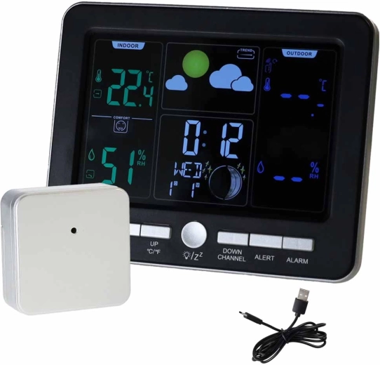 Station météo sans fil avec thermomètre, hygromètre et réveil, USB