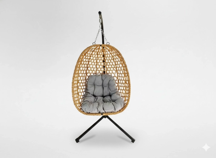 Fauteuil suspendu pliable Faron, aspect rotin naturel, avec coussin gris et support noir