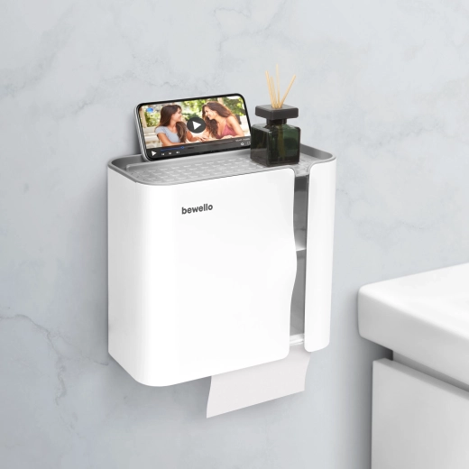 Porte-papier toilette mural avec étagère, blanc
