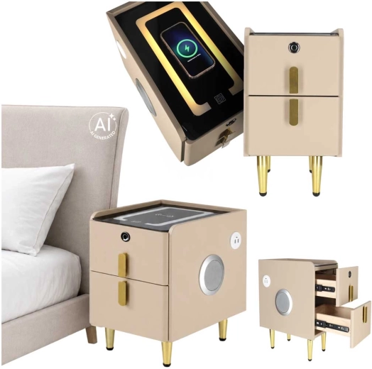 Table de nuit intelligente avec empreinte digitale et chargement sans fil, beige - 1 pièce