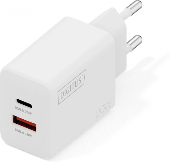 Chargeur secteur USB 20 W, 1× USB‑C et 1× USB‑A, blanc