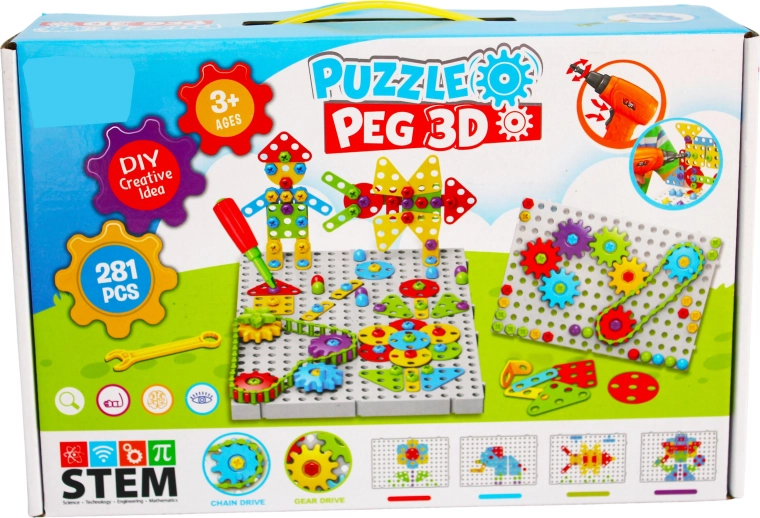 Kit de construction 3D créatif avec perceuse pour enfants Puzzle Peg (281 pièces)