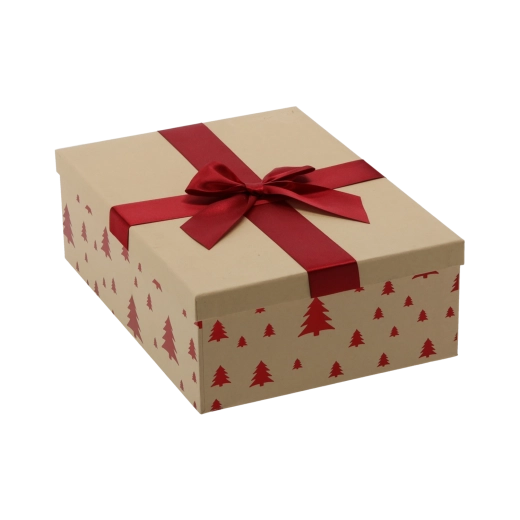 Boîte cadeau de Noël marron avec nœud bordeaux 28,5 × 20 × 8,5 cm