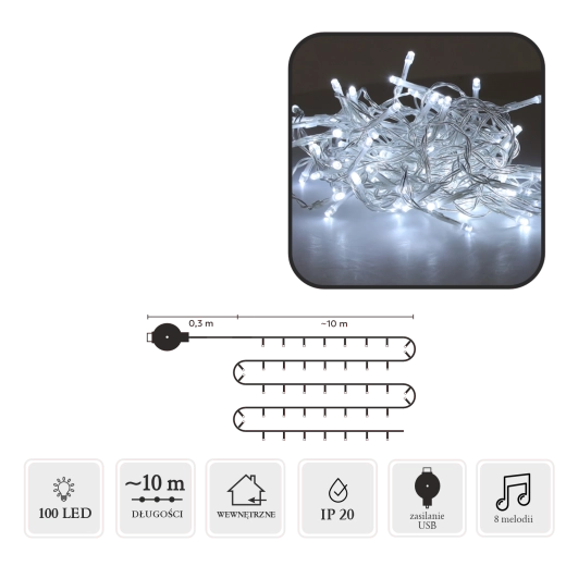 Guirlande LED de Noël avec mélodies USB, 100 LED, blanc froid, 10 m