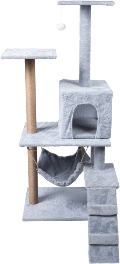 Griffoir pour chat avec maisonnette, panier moelleux et marches, 4 niveaux, gris