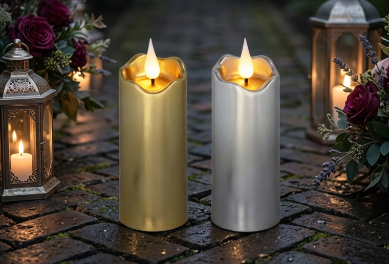 Bougie LED 5 × 13 cm en coloris or et argent