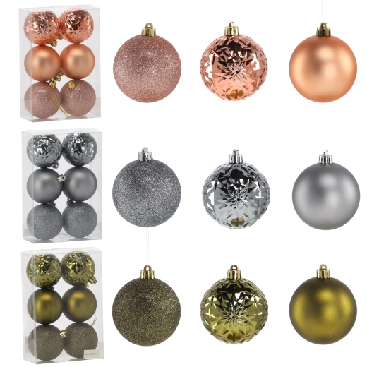 Set de boules de Noël 7 cm – olive, cuivre et graphite, 6 pcs