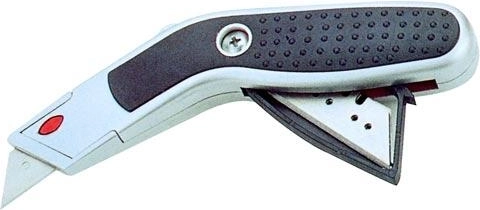 Couteau métallique rétractable avec lame trapézoïdale et réserve de lames