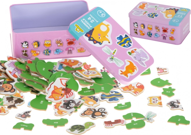 Puzzle éducatif en bois avec des animaux dans une boîte