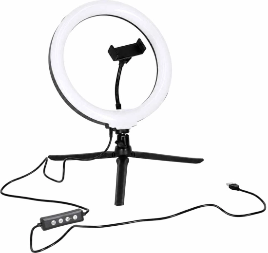Lampe selfie circulaire LED RGB sur trépied avec support téléphone et télécommande Bluetooth