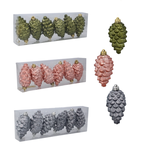 Set de décorations de Noël pommes de pin 9 cm – olive, cuivré et graphite (6 pcs)