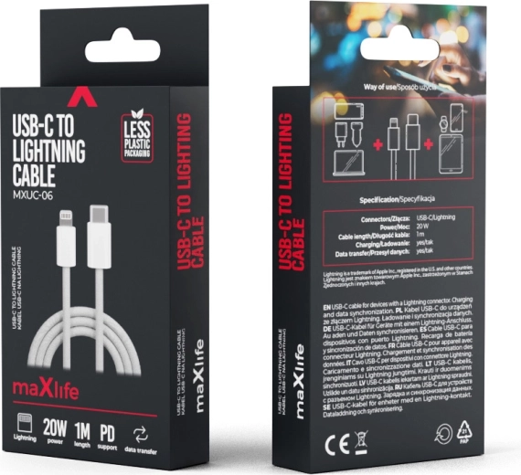Câble Maxlife en nylon USB‑C – Lightning 1 m, 20 W, gris