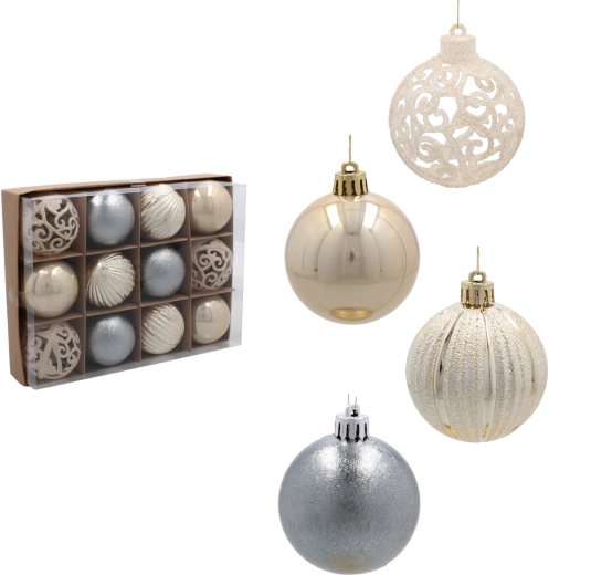 Set de boules de Noël 6 cm en tons champagne, gris et blanc – 12 pcs