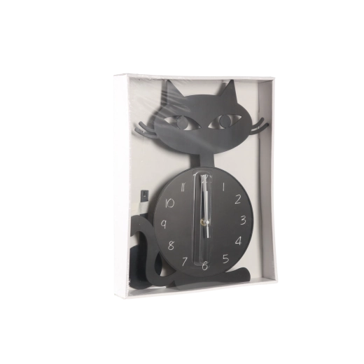 Horloge murale suspendue en forme de chat avec pendule, noire