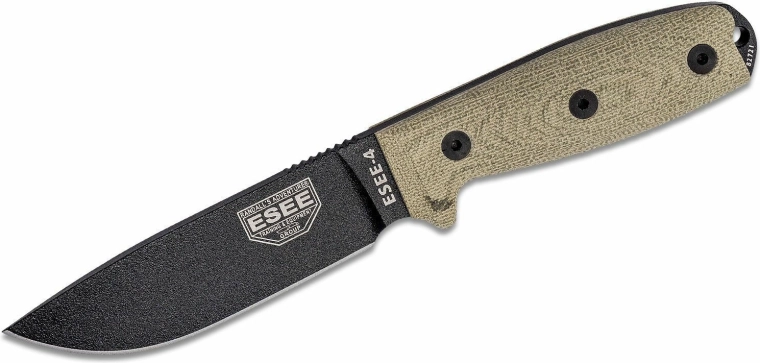 ESEE Model 4 couteau de survie 11,4 cm, noir, Micarta verte, étui plastique