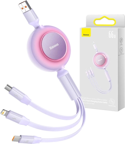 Baseus Bright Mirror 3 câble USB 3‑en‑1 pour micro USB, USB‑C et Lightning 66 W 1,1 m – Violet