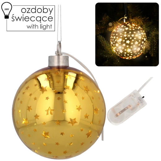 Boule de Noël en verre 12 cm avec petites étoiles dorées et éclairage LED, lot de 6