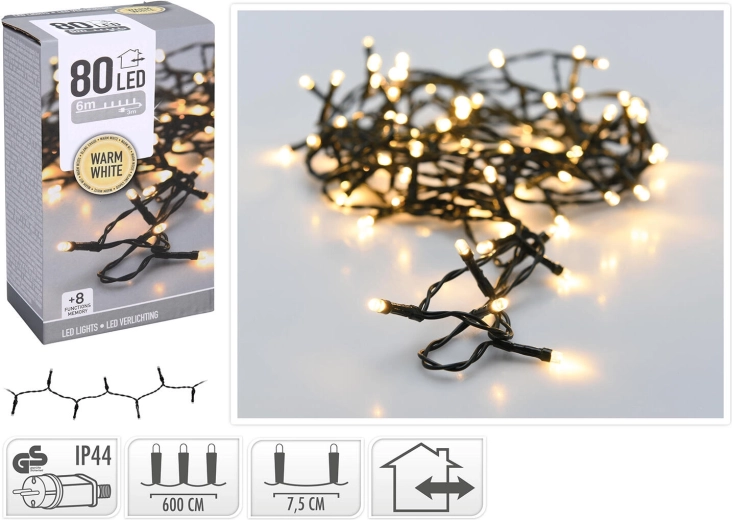 Guirlande lumineuse LED de Noël extérieure 6 m, 80 LED, blanc chaud