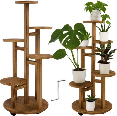 Support à plantes en bois sur pied 86 cm RUHHY, 6 niveaux pour 7 pots