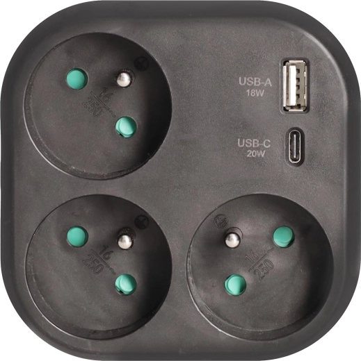 Solight multiprise avec 3 prises et chargeur rapide USB-A/USB-C 20 W PD, noir